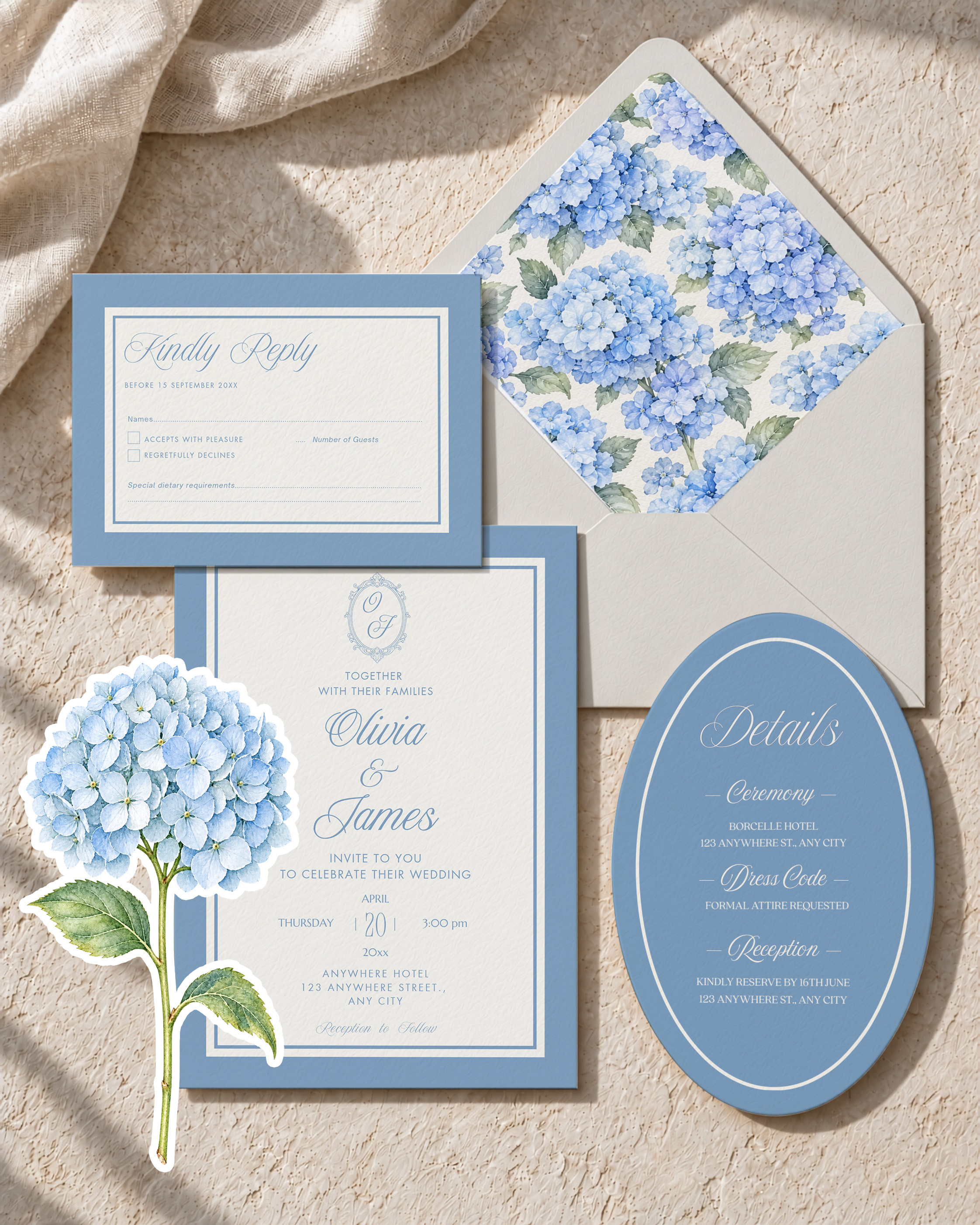 Dusty Blue Hydrangea Wedding Invitation Suite