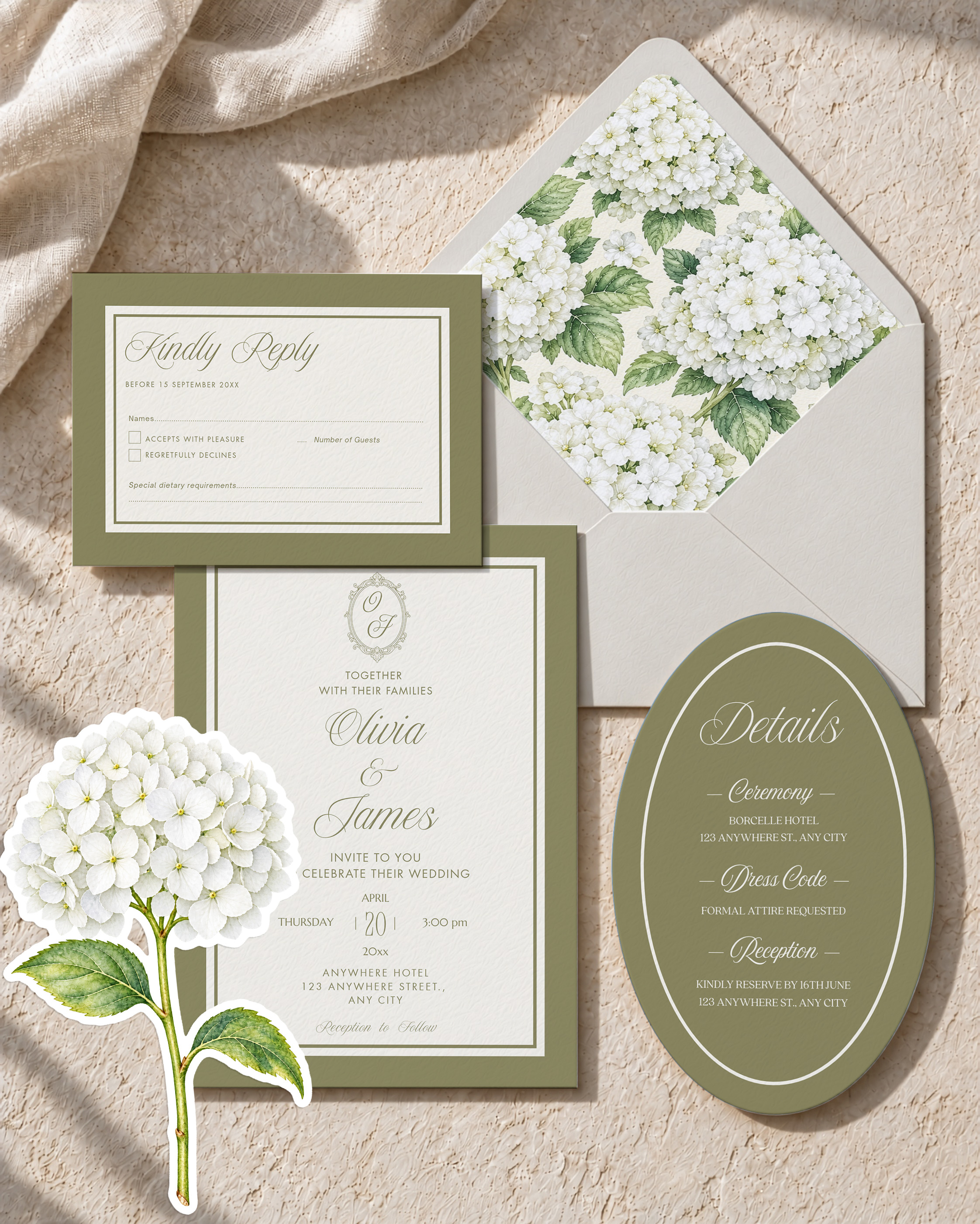 Sage Green Hydrangea Wedding Invitation Suite