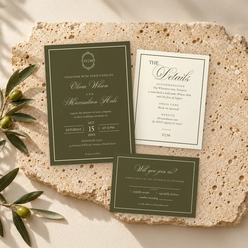 Olive Green Wedding Invitation Suite