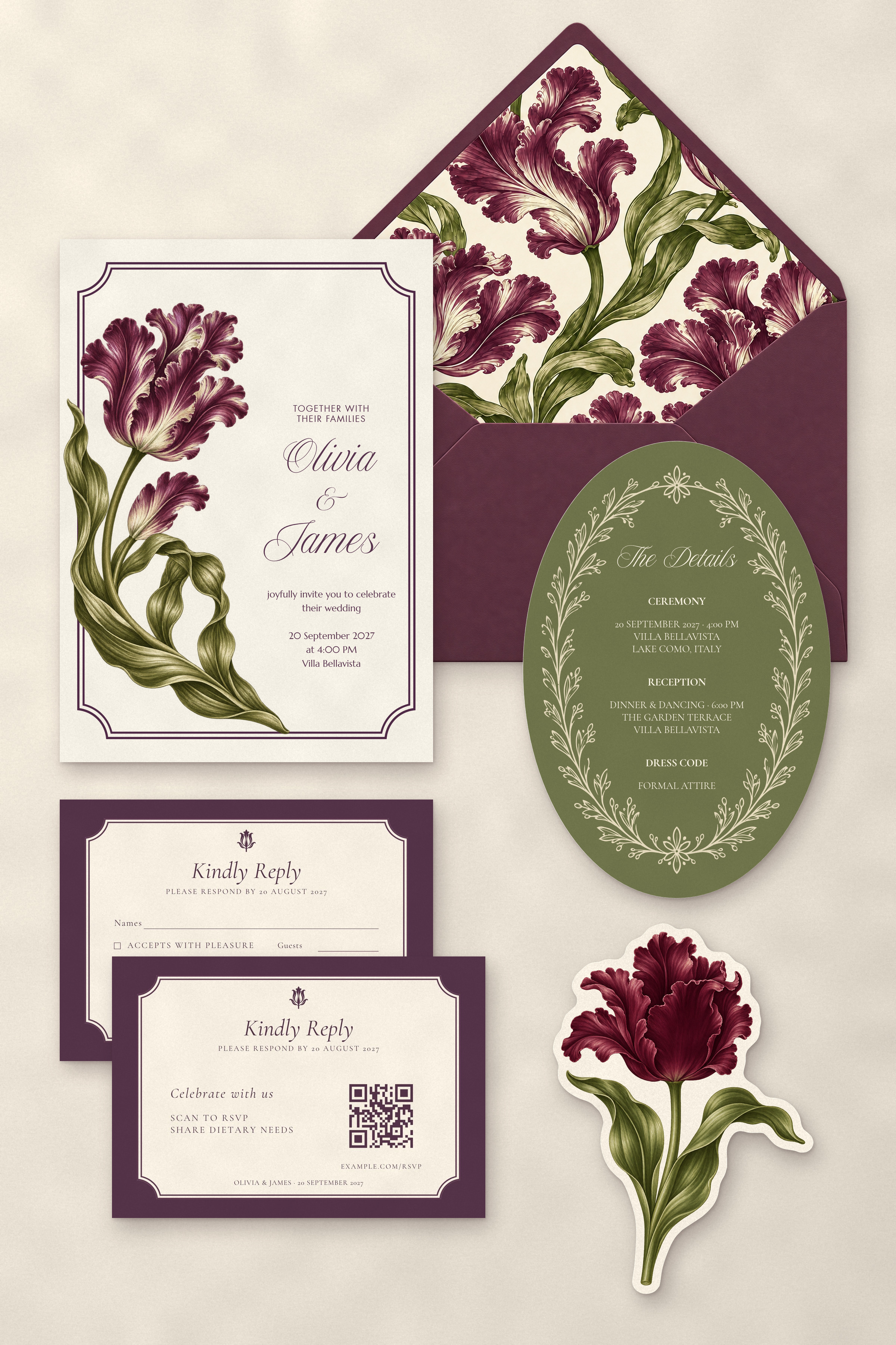 Burgundy Tulip Wedding Invitation Suite