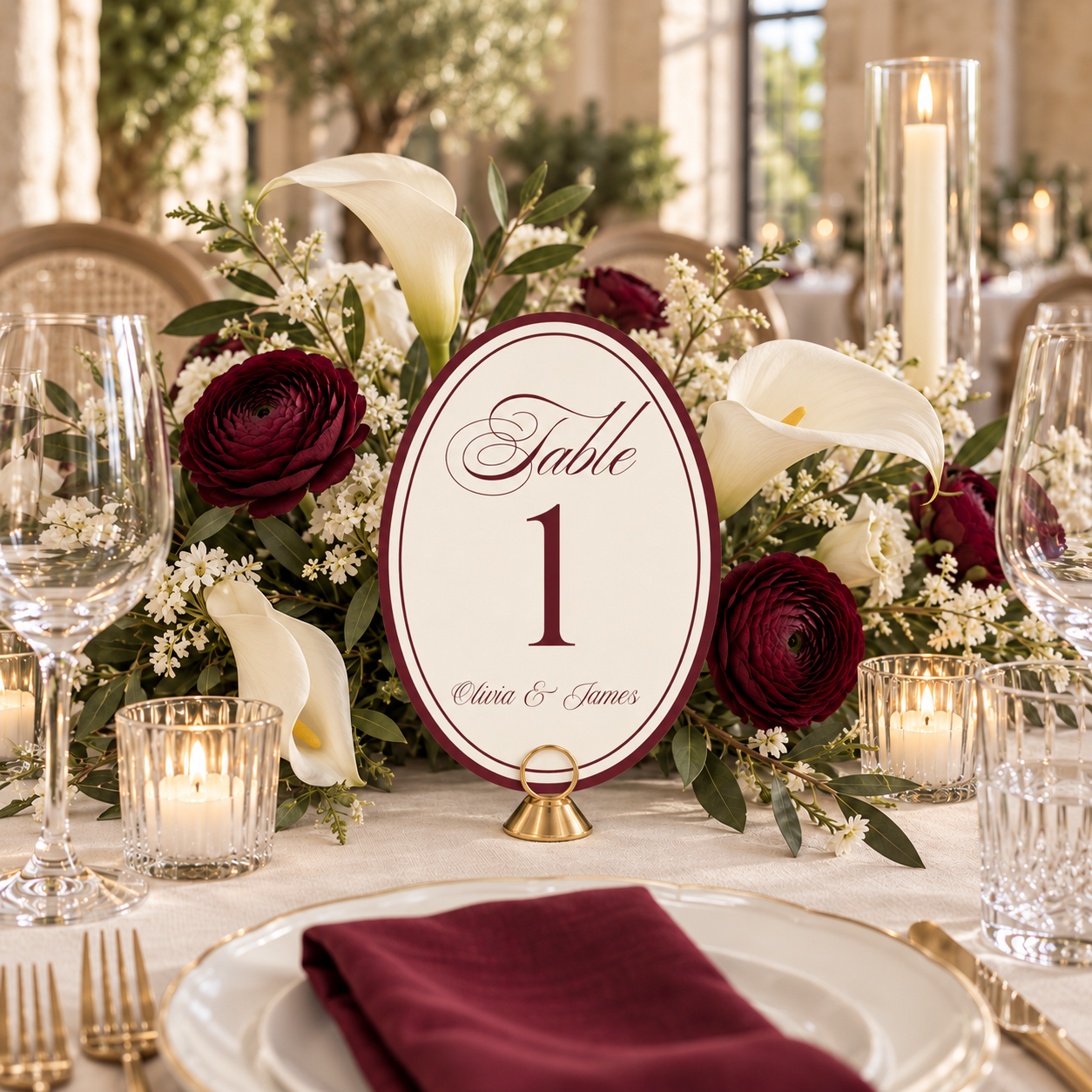 Oval Burgundy Wedding Table Numbers