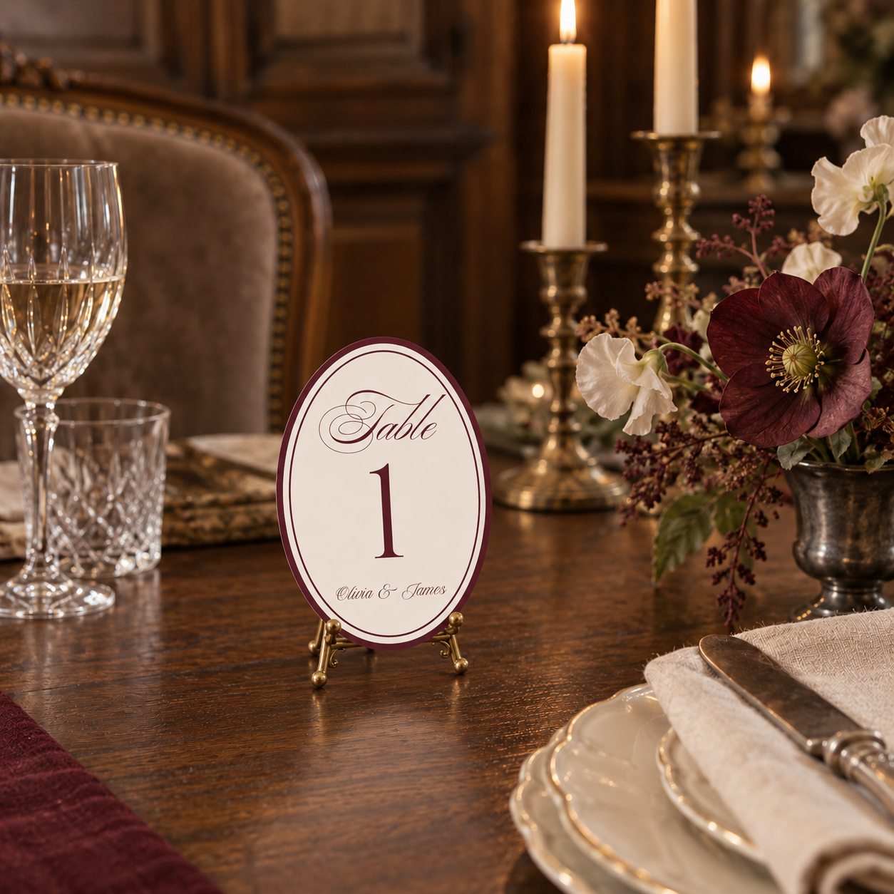 Oval Burgundy Wedding Table Numbers — detail 3