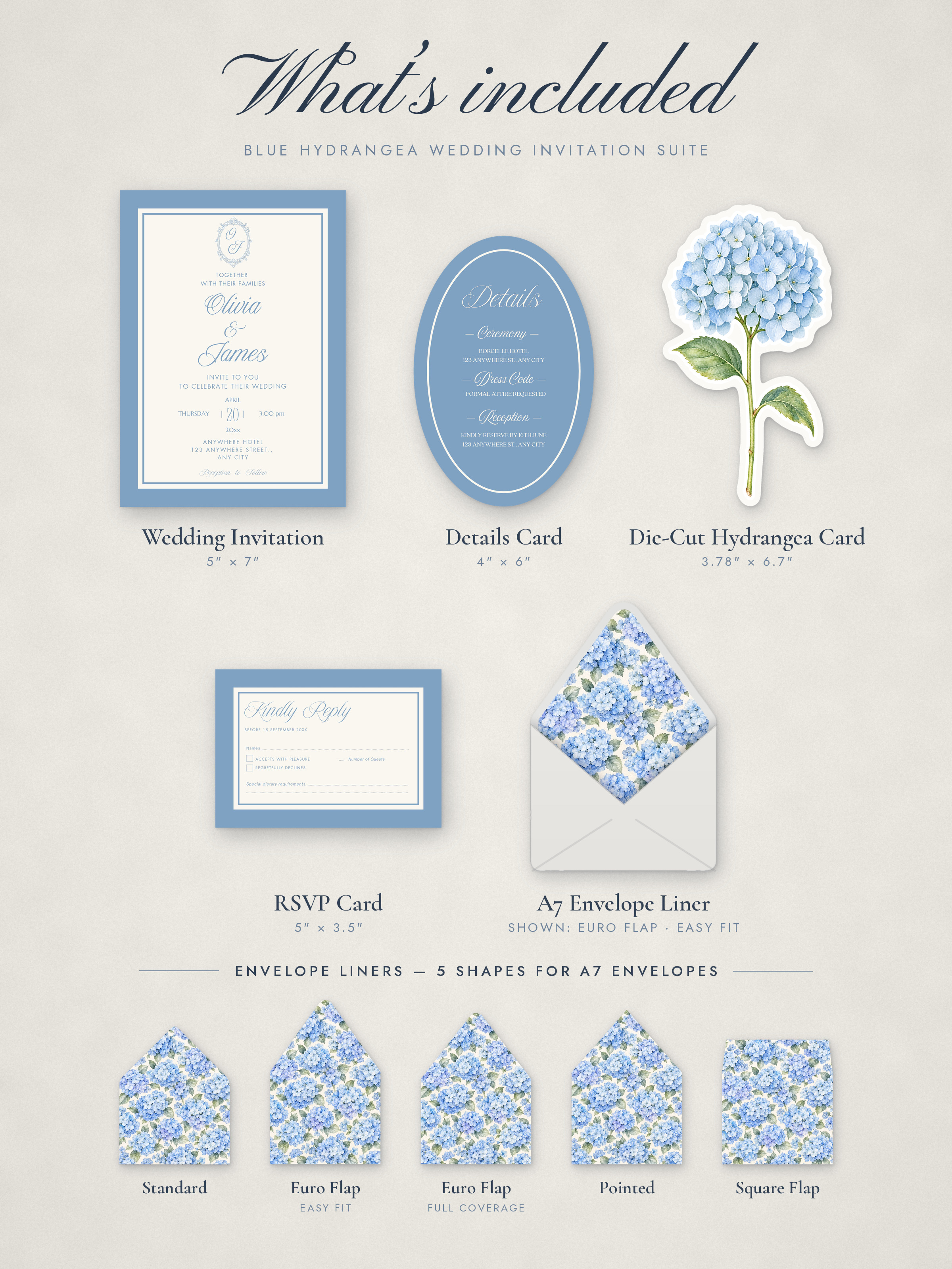 Dusty Blue Hydrangea Wedding Invitation Suite — detail 2