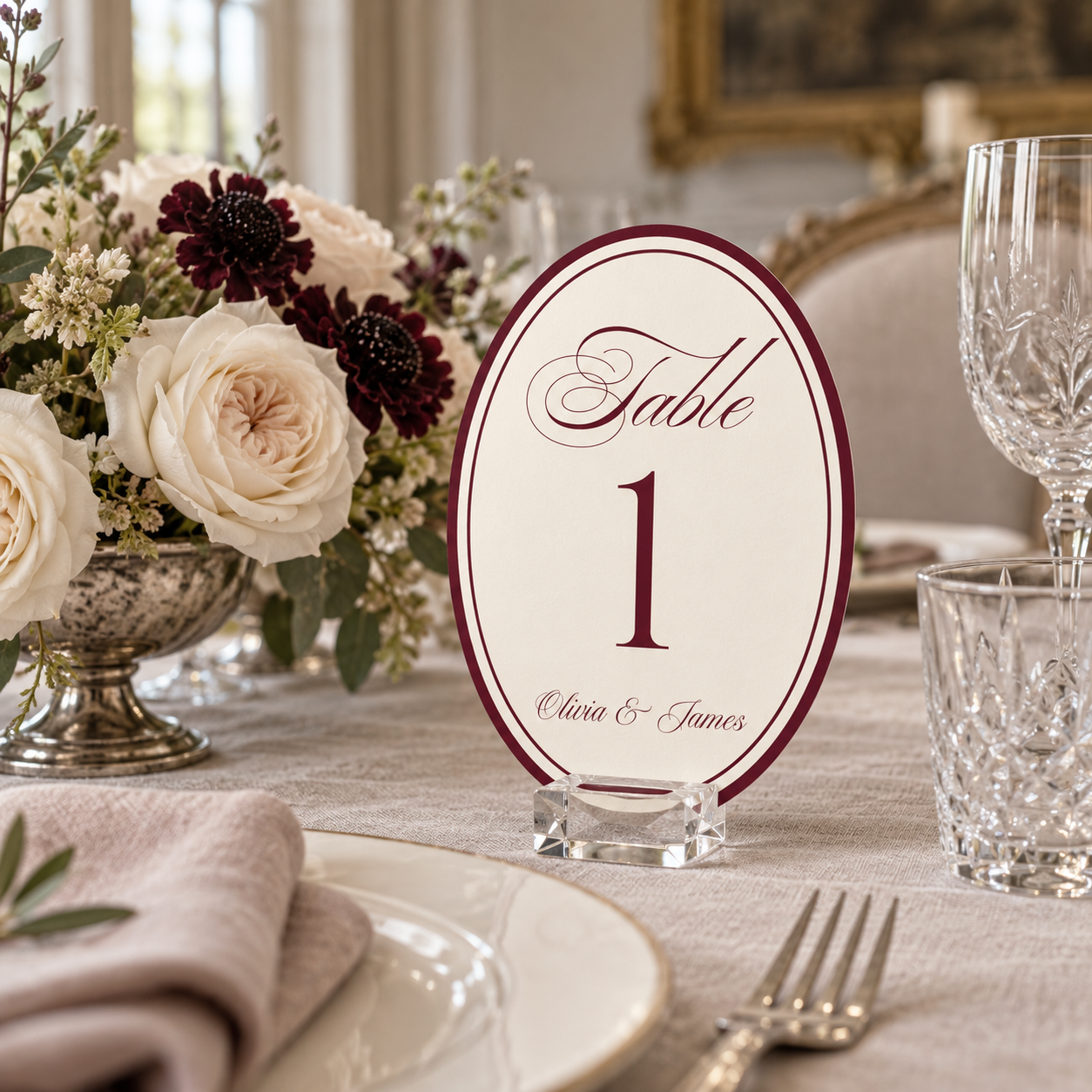 Oval Burgundy Wedding Table Numbers — detail 2